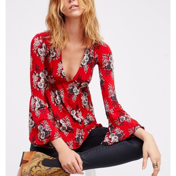 Free People Speak Easy Babydoll V-Neck Long Sleeve Floral Top Size XS Stretch - Picture 1 of 7
